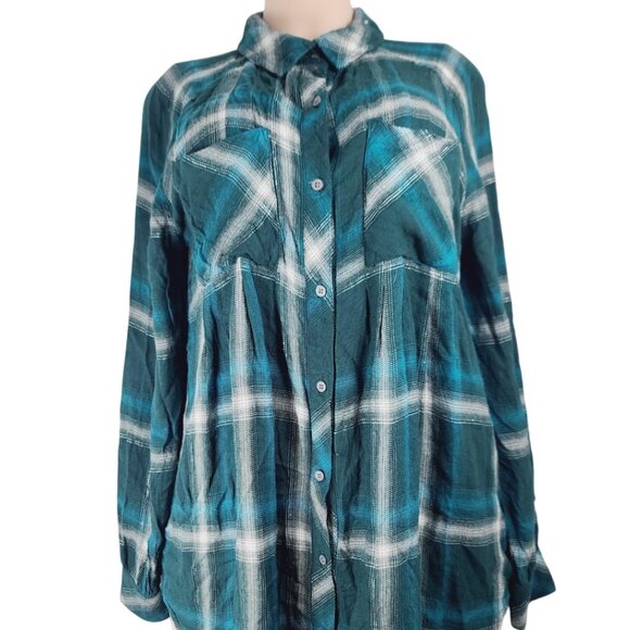 Caffe Marrakesh Women's Teal White Plaid Long Sleeve Button Up Shirt Size M - Picture 1 of 12
